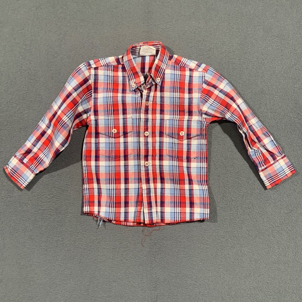 Vintage Boy's Size Small Plaid Button Up Shirt Red Blue White Cotton Long Sleeve